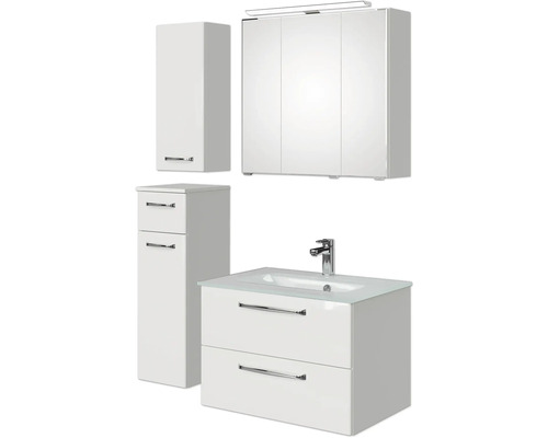 Badezimmermöbelset mit Spiegelschrank, Waschbeckenunterschrank und Hochschränken
