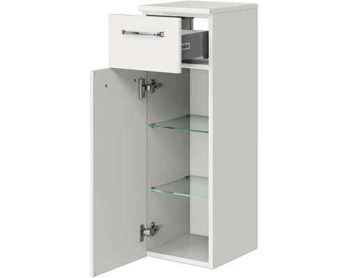 Weißer Bad-Hochschrank mit Schublade, Tür und Glasböden