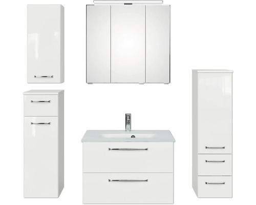 Badmöbel-Set Pelipal Kumba BxHxT 137 x 200 x 50 cm Frontfarbe weiß 5-teilig und mehr mit Glas-Waschtisch weiß, Hochschrank, Unterschrank und Wandschrank 99.770326093 Komplette Badezimmereinrichtung mit Spiegelschrank, Waschbeckenunterschrank und Hochschränken