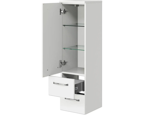 Hochschrank mit Tür, zwei Schubladen und Glasböden für Badezimmer