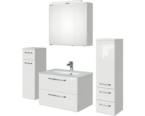 Weißes Badezimmerset mit Waschtisch, Spiegelschrank und Hochschränken