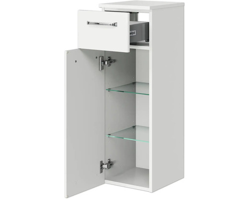 Weißer Badezimmer-Hängeschrank mit Schublade und Glasböden