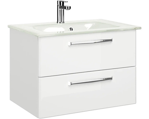 Weißer Waschtischunterschrank mit zwei Schubladen, Aufsatzwaschbecken und Armatur