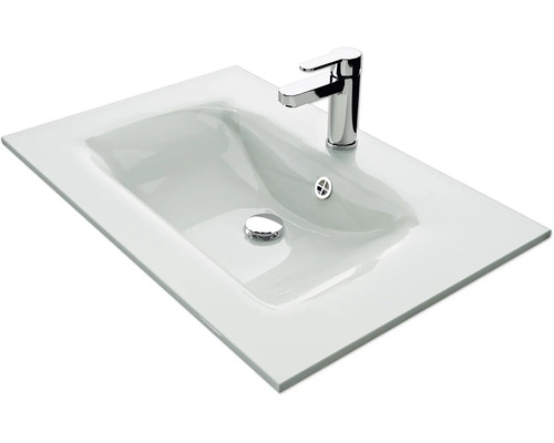 Waschtisch aus Glas mit Armatur und Ablaufgarnitur