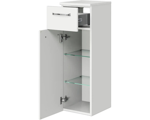 Weißer Badschrank mit Tür, Schublade und Glasablagen für das Badezimmer