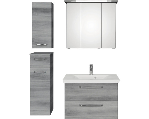 Badmöbel-Set Pelipal Kumba BxHxT 110 x 200 x 51 cm Frontfarbe graphit struktur quer 5-teilig und mehr mit Mineralguss-Waschtisch, Unterschrank und Wandschrank 99.770225194 Komplettes Badezimmerset mit Waschbeckenunterschrank, Waschtisch, Spiegelschrank und Hochschränken
