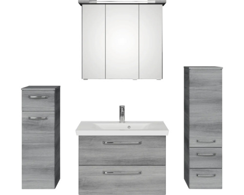 Badmöbel-Set Pelipal Kumba BxHxT 140 x 200 x 51 cm Frontfarbe graphit struktur quer 5-teilig und mehr mit Mineralguss-Waschtisch, Midischrank und Unterschrank 99.770225192 Komplette Badezimmereinrichtung mit Waschtisch, Spiegelschrank und zwei Hochschränken