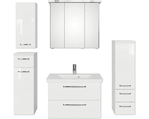 Badmöbel-Set Pelipal Kumba BxHxT 140 x 200 x 51 cm Frontfarbe weiß glanz 5-teilig und mehr mit Mineralguss-Waschtisch weiß, Midischrank, Unterschrank und Wandschrank 99.770225093 Badezimmermöbelset mit Spiegelschrank, Waschbeckenunterschrank und Hochschränken