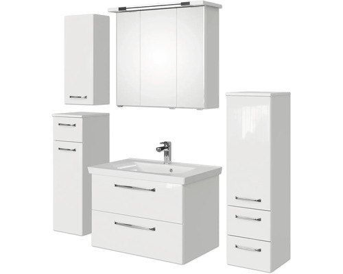 Weißes Badezimmermöbelset mit Waschbecken, Spiegelschrank und Hochschränken