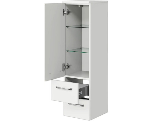 Weißer Bad-Hochschrank mit offenen Schubladen und Regalen