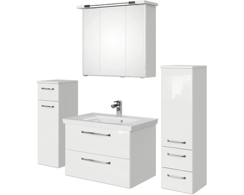 Badezimmerset mit Waschtischunterschrank, Spiegelschrank und zwei Hochschränken