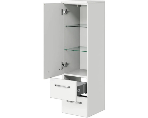 Offener weißer Bad-Hochschrank mit Glasböden und Schubladen