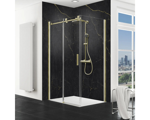 Duschtür mit Seitenwand mit Gleittür/Schiebetür SCHULTE MasterClass ExpressPlus 140 x 90 cm Profil gold Klarglas Türanschlag links Seitenwandanschlag rechts Eckdusche mit Duschkopf und Handbrause in einem Badezimmer mit schwarzem Marmor