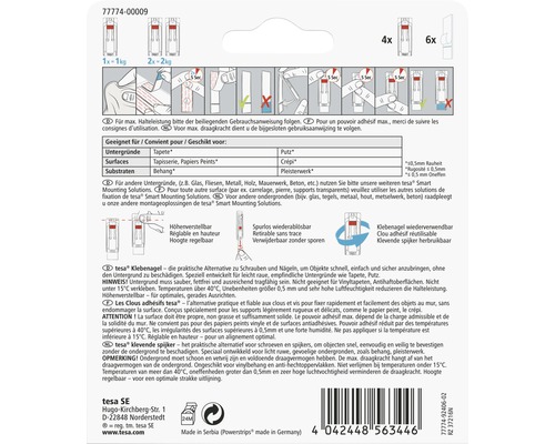 Tesa Klebenägel für Tapeten und Putz, wiederablösbar und wiederverwendbar, 4 Stück für bis zu 1 Kilogramm, 6 Stück für bis zu 2 Kilogramm