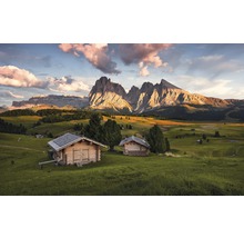 Landschaft mit Holzhütten und Bergkulisse