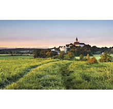 Landschaft mit grüner Wiese und Kloster auf einem Hügel