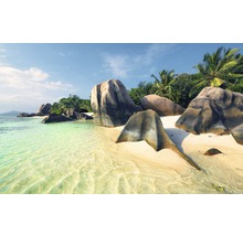 Szene eines tropischen Strandes mit Felsen und Palmen