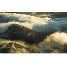 Nebelschwaden umhüllen eine Berglandschaft.