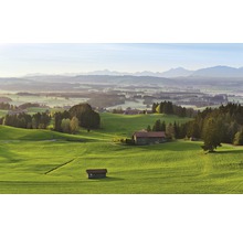 Landschaft mit Wiesen, Feldern und Bauernhäusern