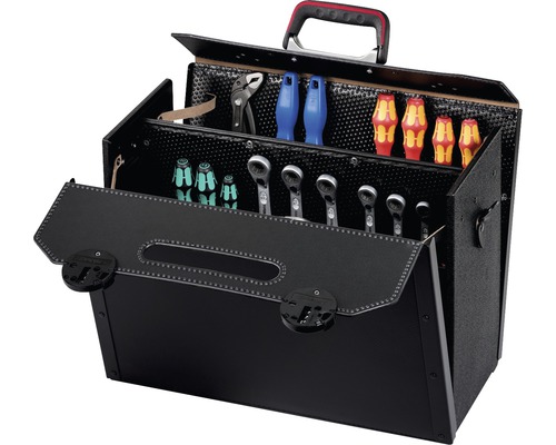 Geöffnete Werkzeugkiste aus Leder mit verschiedenen Werkzeugen