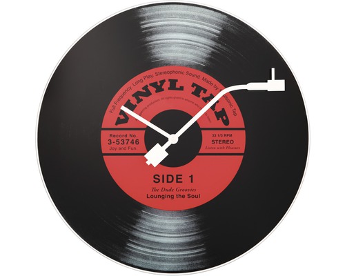 Wanduhr im Schallplattendesign mit Zeigern in Tonarmform