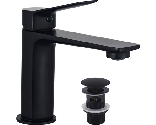 Schwarze Waschtischarmatur mit Ablaufgarnitur