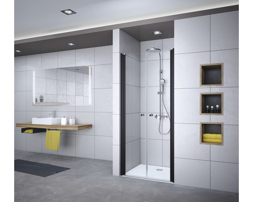 Pendeltür für Nische Breuer Elana 6 80 cm Dekor Intima Profilfarbe schwarz Badezimmer mit Dusche, Waschbecken und Spiegel