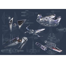 Illustration verschiedener Star Wars Raumschiffe mit Bauplänen im Hintergrund.