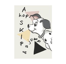 Illustration eines Dalmatinerwelpen mit geometrischen Formen und Text