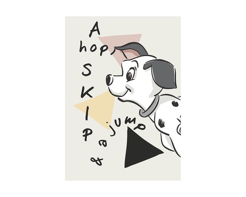 Illustration eines Dalmatinerwelpen mit geometrischen Formen und Text