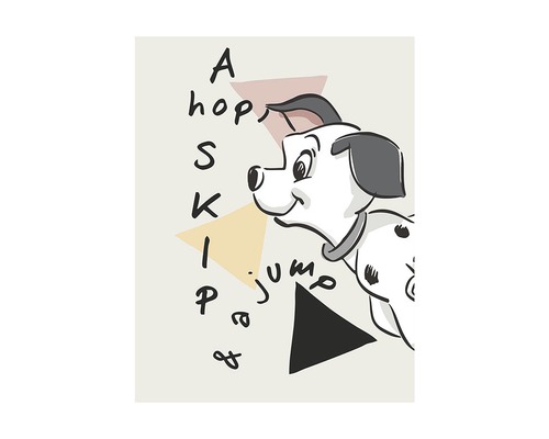 Illustration eines Dalmatiners mit geometrischen Formen und Wörtern