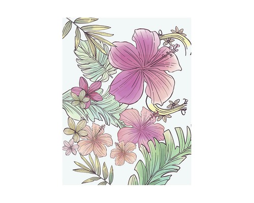 Illustration von Hibiskusblüten und tropischen Blättern