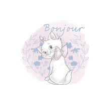 Illustration einer Katze mit Schleife und der Aufschrift Bonjour.