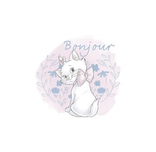 Illustration einer Katze mit Schleife und der Aufschrift Bonjour