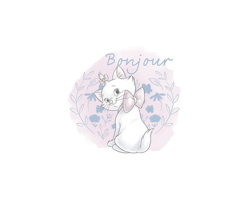 Illustration einer Katze mit Schleife und der Aufschrift Bonjour