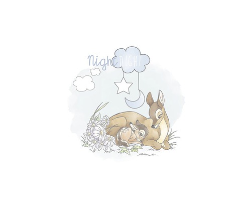 Illustration eines Rehs mit Rehkitz unter einem Wolkenmobile mit Stern und Mond