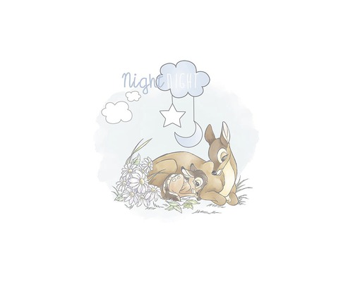 Illustration einer Hirschmutter mit ihrem Kind und dem Schriftzug Gute Nacht