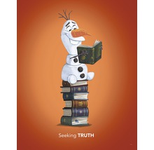 Illustration von Olaf, der Schneemann, wie er auf einem Bücherstapel steht und ein Buch liest