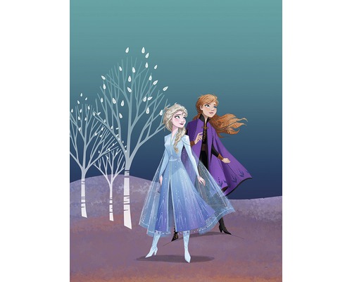 Illustration von Anna und Elsa aus Die Eiskönigin vor Baumkulisse