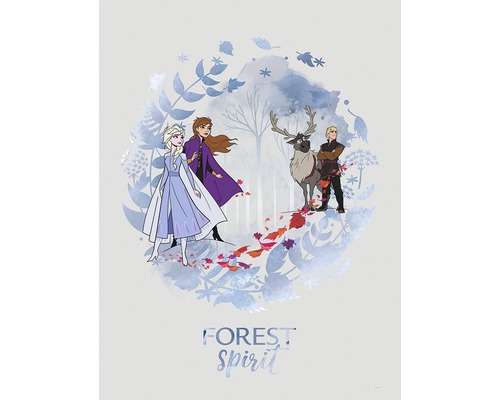 Illustration mit den Figuren aus Frozen: Anna, Elsa, Kristoff und Rentier Sven im Wald.