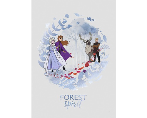 Illustration von Anna, Elsa, Kristoff und Rentier Sven aus dem Film Frozen II, mit dem Schriftzug Waldgeist