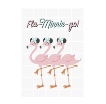 Illustration von drei Flamingos mit Schleifen und der Aufschrift Fla-Minnie-Go!