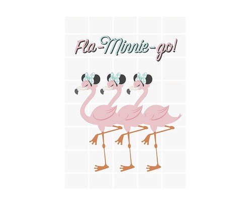 Illustration von drei Flamingos mit Schleifen und der Aufschrift Fla-Minnie-Go!
