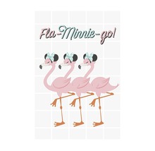 Illustration mit drei Flamingos, die Schleifen tragen, und dem Schriftzug Fla-Minnie-go!