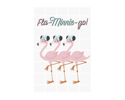 Illustration mit drei Flamingos, die Schleifen tragen, und dem Schriftzug Fla-Minnie-go!
