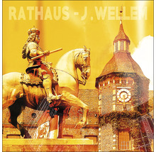 Gemälde Rathaus J. Wellem mit Reiterstatue und Rathausturm