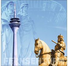 Collage mit Sehenswürdigkeiten von Düsseldorf: Fernsehturm, Jan-Wellem-Reiterstandbild und Kunstpalast