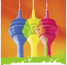 Illustration von drei sich überlappenden Fernsehtürmen mit Stadtsilhouette