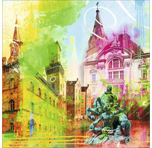 Illustration einer Stadtlandschaft mit Gebäuden und einer Statue