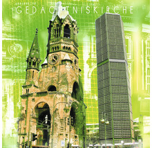 Illustration der Kaiser-Wilhelm-Gedächtniskirche und eines Hochhauses in Berlin